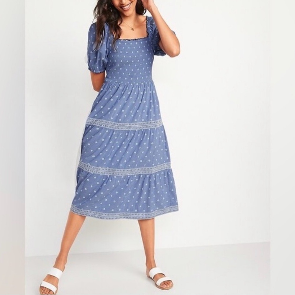 Old Navy Blue Printed Midi Dress with Puff Sleeves